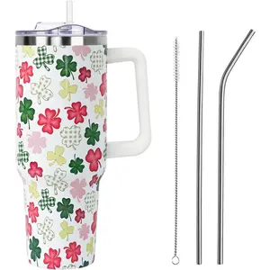 St Patricks Day Gifts 40 oz Tumbler with Handle and Straw Lid,Cute Spring Gift for Women Men Buffalo Plaid Pink Clover Shamrock Vacuum Insulated Leak Proof Stainless Steel Coffee Cup Mug