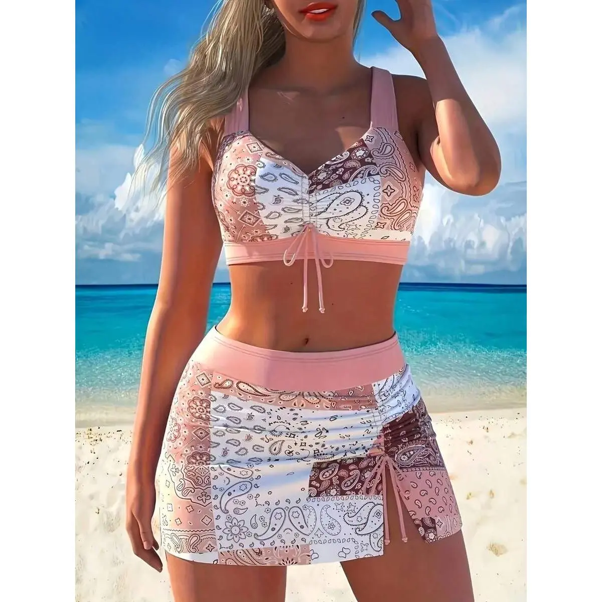 Women's 2-Piece High Stretch Tummy Control Push Up Underwire Bikini Set - High Waisted, Quick Dry, UV Protected, Machine Washable, Side Laces, Short Boho Swimwear for Day of the Dead, Independence Day (KA-P102-14)