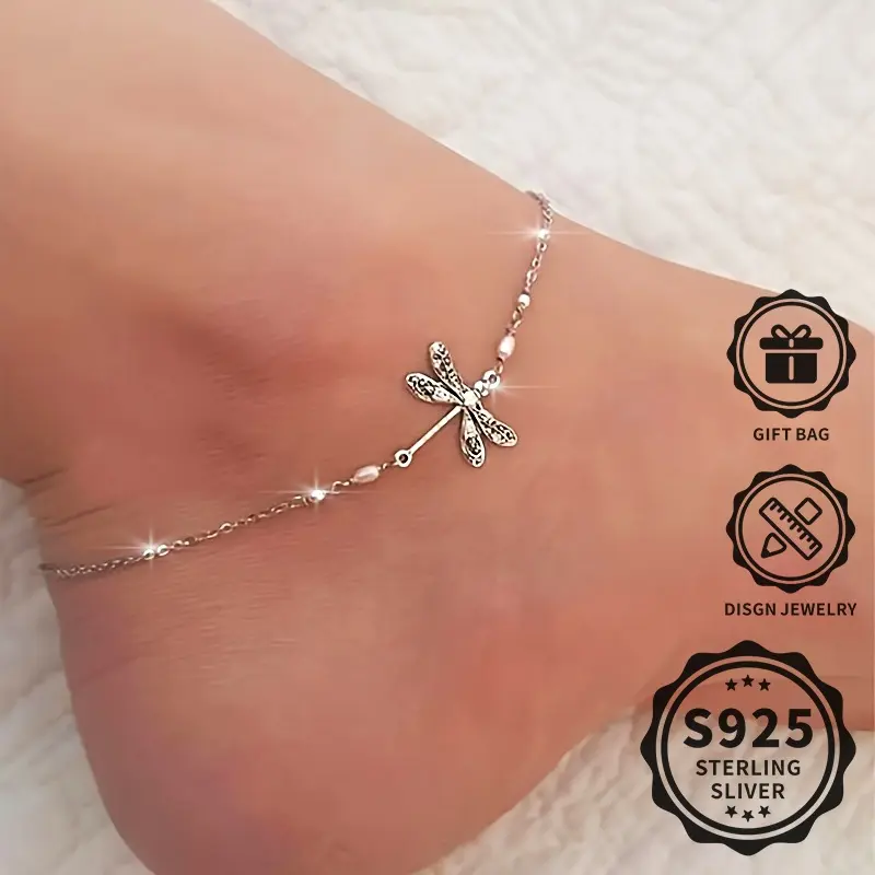 Elegant 925 Sterling Silver Beach Anklet-Fashion Ancient Silver Dragonfly Elegant Lady Anklet, Perfect Holiday Gift for Beautiful Women