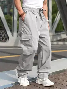 Men's Solid Flap Pocket Cargo Pants, Regular Fit Casual Fashion Straight Leg Trousers for Daily Wear, Men's Bottoms for All Seasons, Casual Pockets
