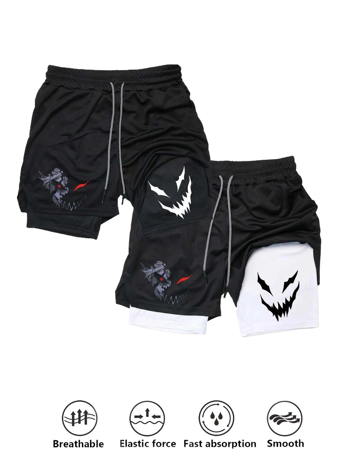 Men's Graphic Print 2 in 1 Zipper Drawstring Waist Sports Shorts, Breathable Stretch Shorts, Casual Comfy Breathable Pocket Shorts for Running Gym Workout, Men's Sport & Outdoor Clothing for Fall & Winter