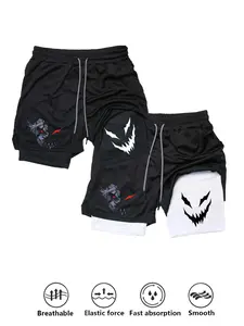 Men's Graphic Print 2 in 1 Zipper Drawstring Waist Sports Shorts, Breathable Stretch Shorts, Casual Comfy Breathable Pocket Shorts for Running Gym Workout, Men's Sport & Outdoor Clothing for Fall & Winter