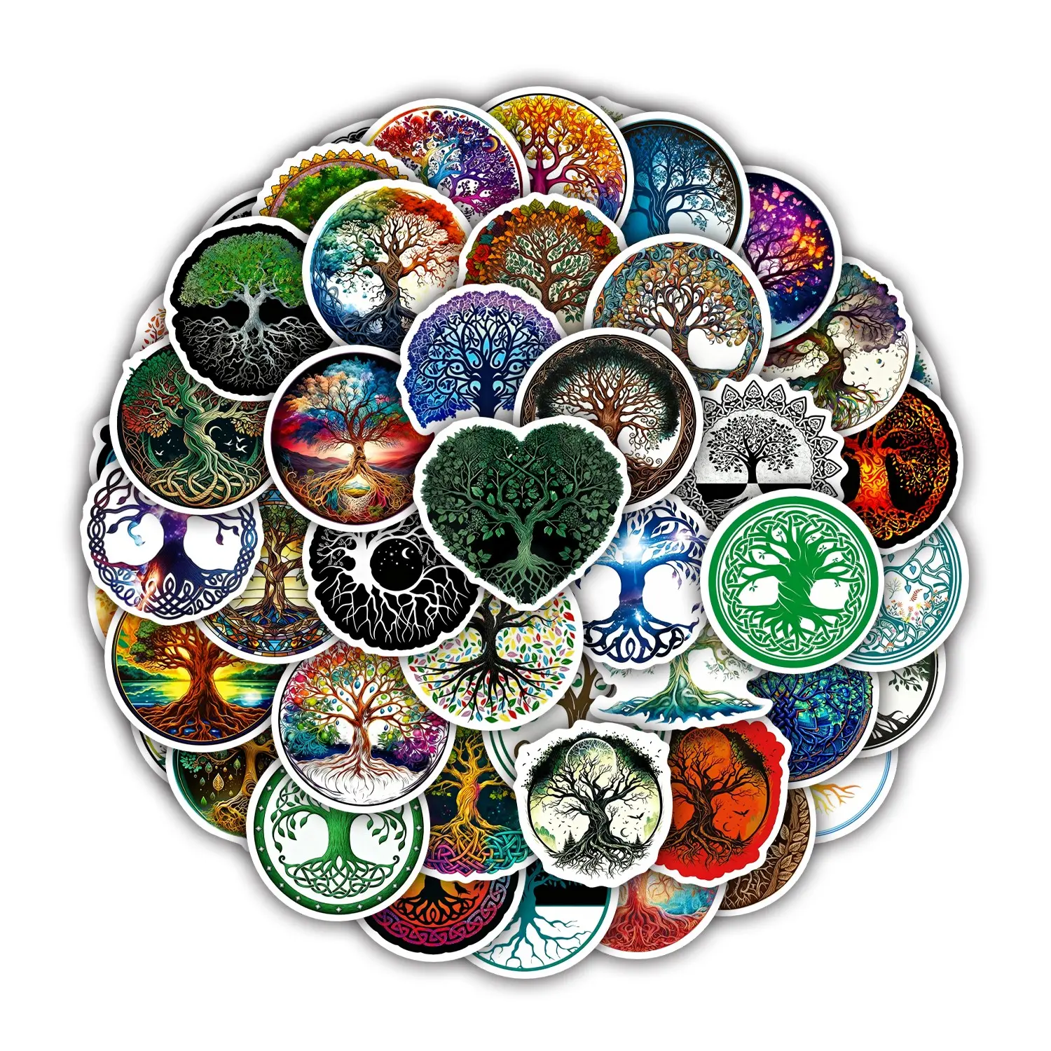 65Pcs Tree of Life Stickers Pack, Waterproof Celtic Mystic & Boho Nature Vinyl Decals for Laptop, Water Bottle, Journal & Scrapbook, Spiritual Gift