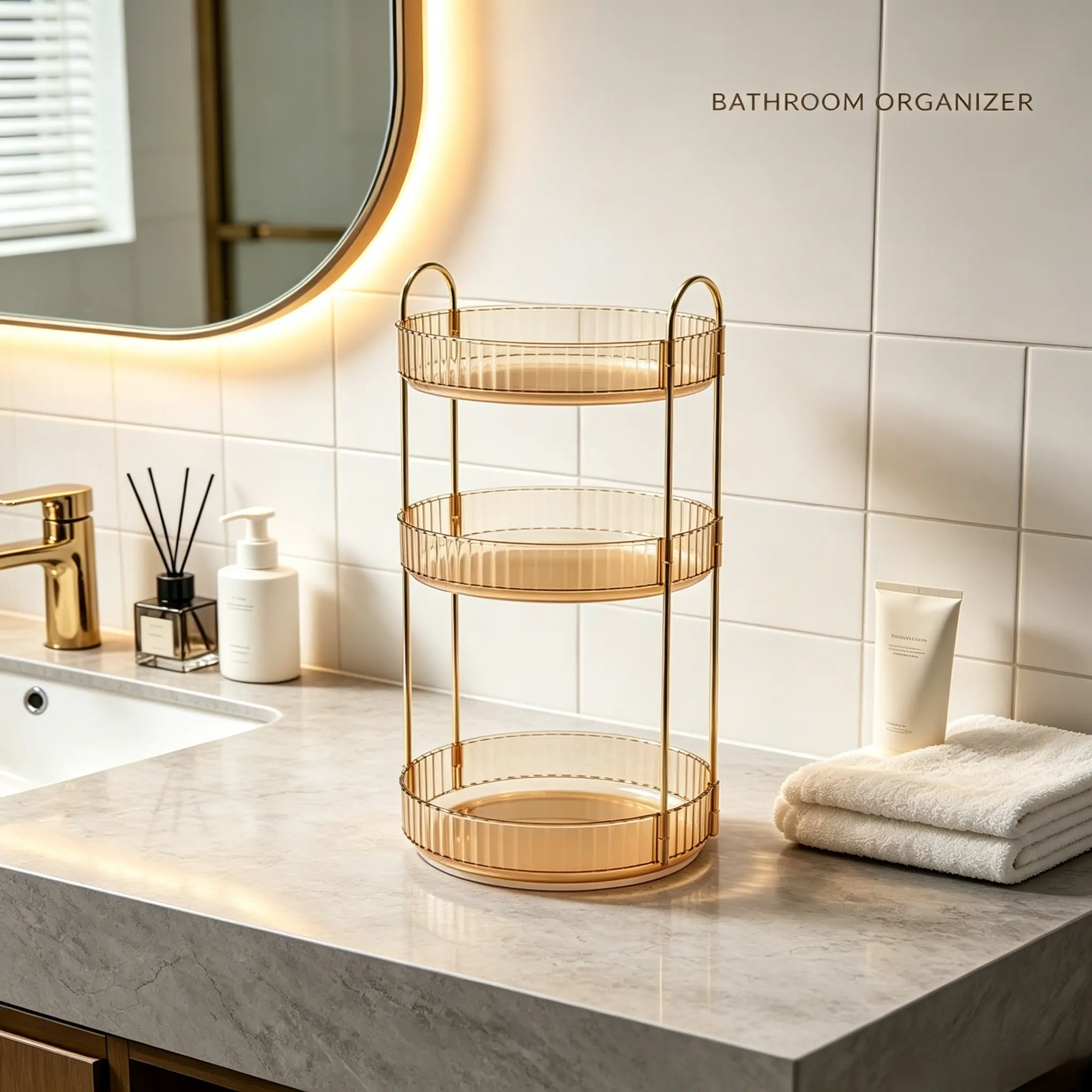 3-Tier Circle Shape Ribbed Amber Makeup Organizer with Gold Metal Frame & Handle, ABS Vanity Organization Storage Boxes for Bathroom Countertop Makeup Organization