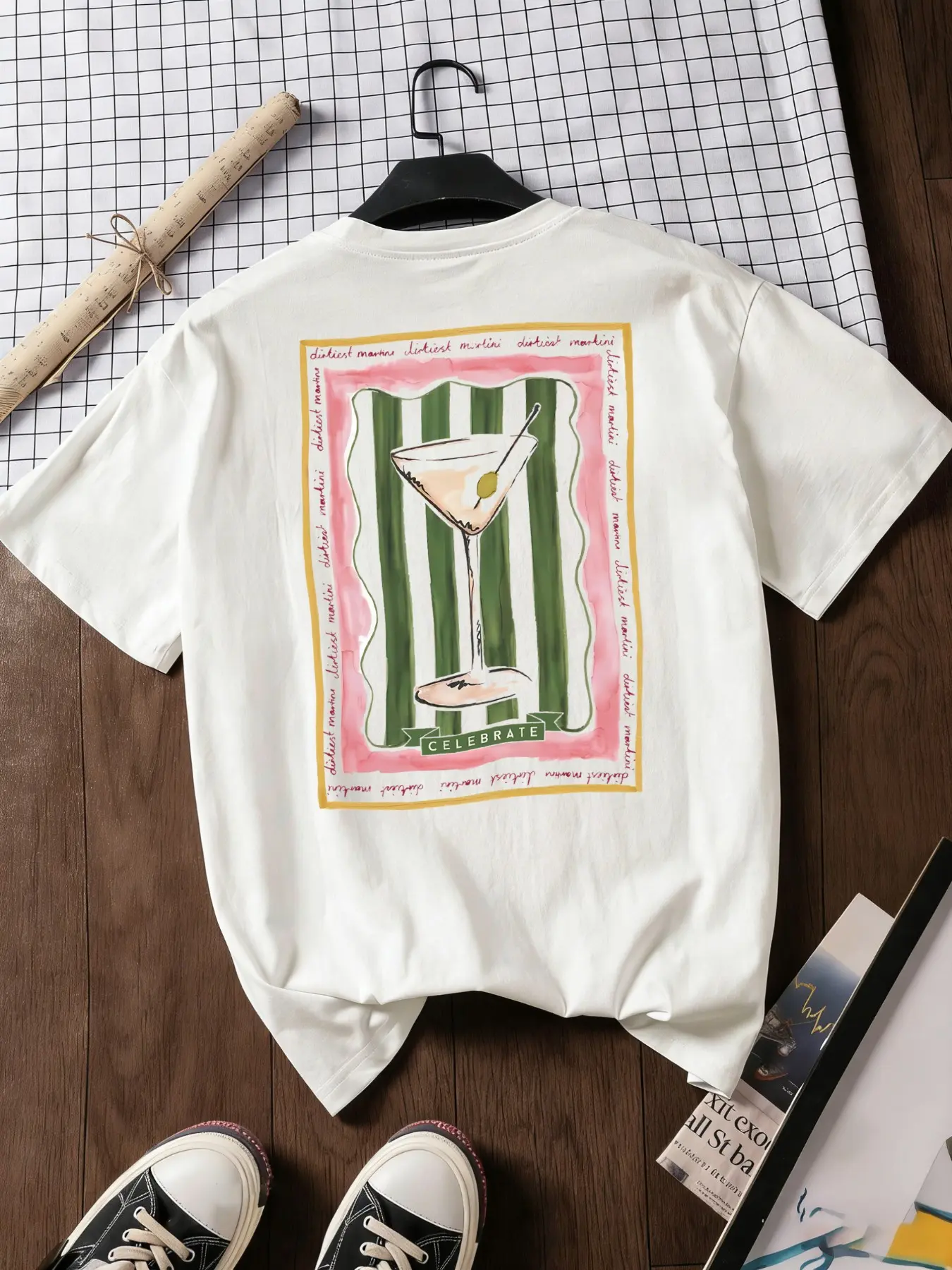 Women's Summer Short Sleeve Round Neck T-Shirt, Loose-Fitting, Martini Cocktail Graphic Tee, Coachella 2026 Oversized Polyester Top, Casual Style,Soft Tees For Women, Everyday, Streetwear, Womenswear