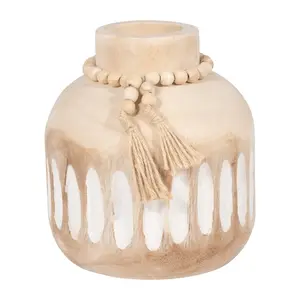 212 MAIN 8 in. Classic Paulownia Wood Round Ridged Vase with Tassel Detail, Brown - Home & Wall Decor Ornaments
