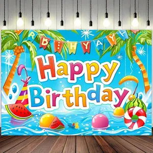 Premium Polyester Happy Birthday Pool Party Backdrop, 1pc Festive Tropical Palm Tree Backdrop with Decor for Home Supplies, Room Decor & Party Banners