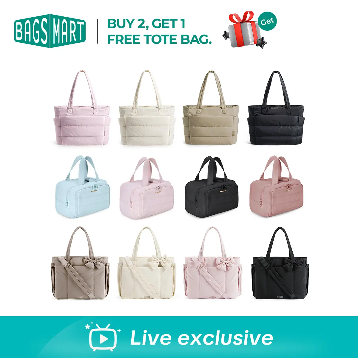 【Live exclusive】BAGSMART Annual Premium Picks: Puffy Quilted Tote Laptop-Friendly, Crush 4-in-1 Toiletry Bag, Crush Bow Tote 15.6" Laptop 20L - Lightweight Durable Gift Guide for Bag Lovers tiktokshopsummersale summerwins tiktokshopbacktoschool