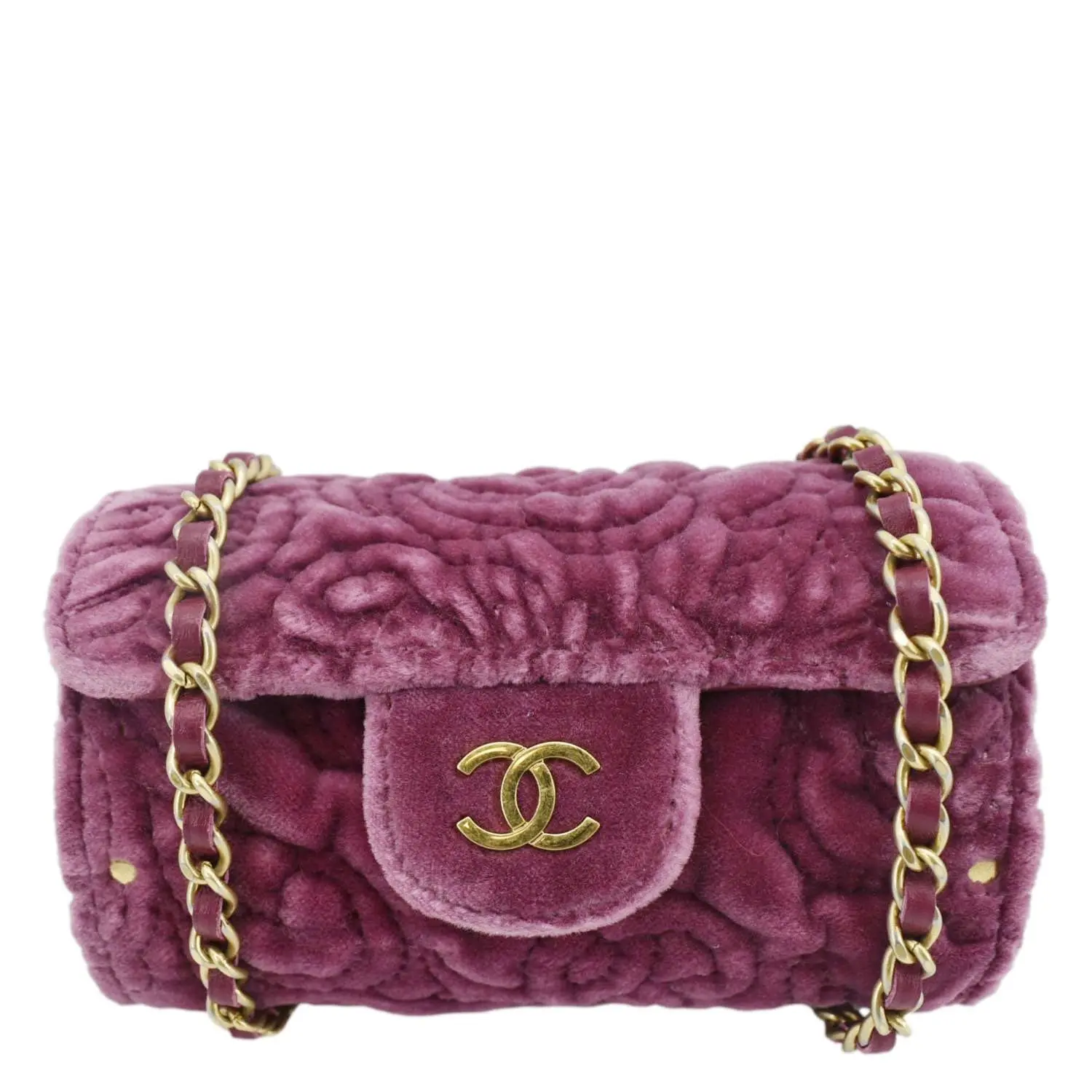 Pre-owned CHANEL Velvet Small Leather Goods Camellia Chain Vanity Bag Pink