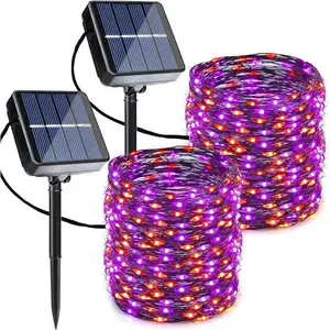 2 Pack Orange Purple Halloween Solar String Lights - Total 80FT 240LED Solar Fairy Lights, Waterproof Outdoor Twinkle Lights with 8 Modes for Garden, Porch, Trees, Halloween Decor (Black Wire)