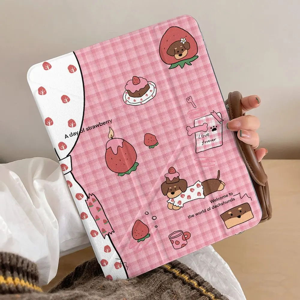 Strawberry Sausage Dog Cute Cartoon Case Tablet Cover For iPad 10th 11th A16 10.9 Air 11 13 M2 M3 Mini 6 Pro 11 7th 8th 9th 10.2 Air 4 Air 5 10.9 Pro 12.9 Samsung Galaxy Tab Redmi Xiaomi Pad  Huawei MatePad Auto Sleep Awake Pencil Slot Tablet Accessories