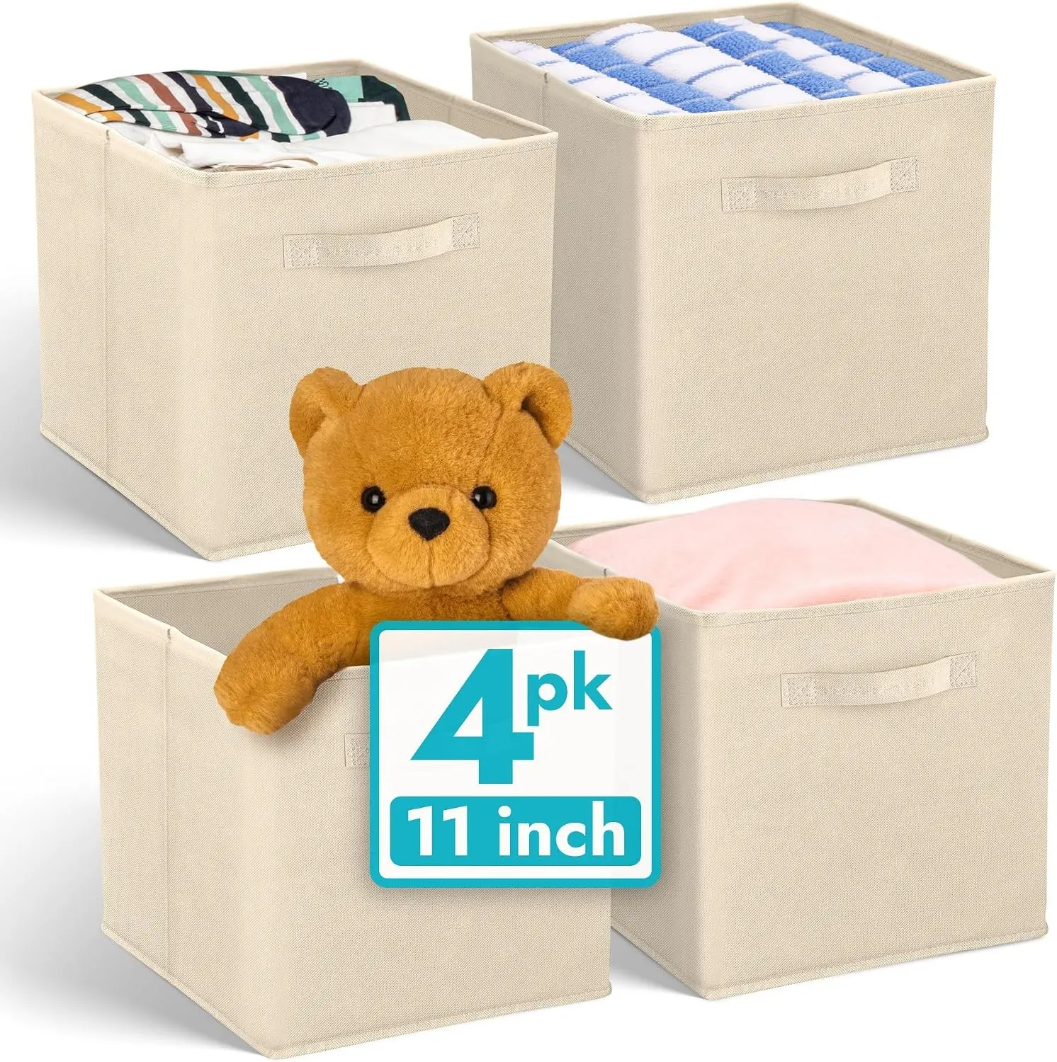 11 Inch Cube Storage Bins (4 Pack) | Cube Organizer Bins | 11x11 Fabric Storage Boxes | Collapsible, Foldable Fabric Cubby Box (Square) | Kids Room Organization (Beige)Gift.