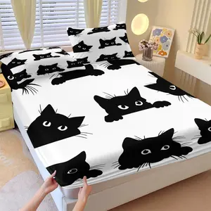Minimalist Playful Black Cat Printed Fitted Sheet Set (with 2 Pillowcases), Soft & Cozy, Great Gift for Cartoon Lovers, Fun Bedroom Vibe Decor, Unique Gift