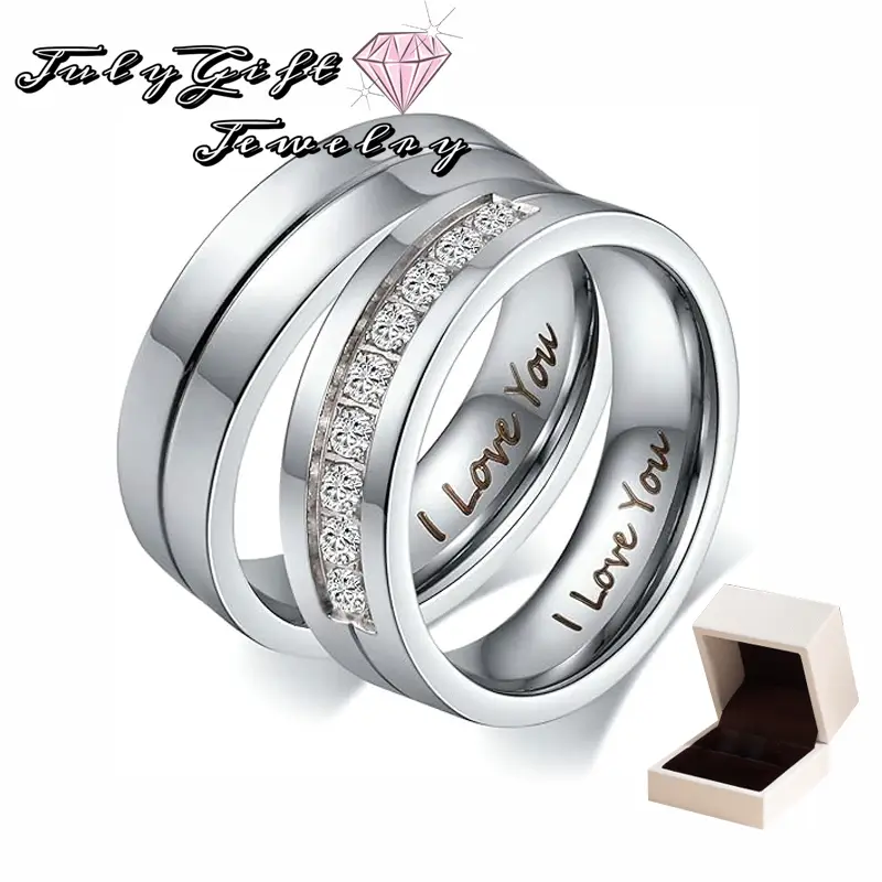 Engagement Rings [Engraved “I Love You”] [Shiny Stainless Steel] Couple Wedding Promise Ring for Women/Men, Inlaid 9 CZ