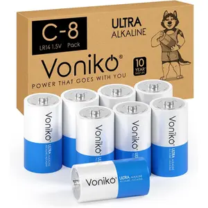 Ultra Alkaline C Batteries, C Size LR14 8 Pack – 10-Year Shelf Life, 6-9 Times The Power of Carbon Batteries, 1.5 Volt C Cell Battery