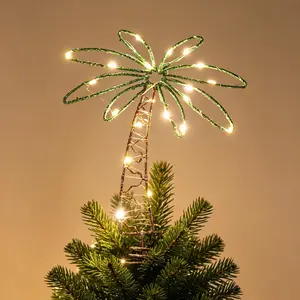 Summer Palm Tree Topper with LED Lights 12 in Glittered Metal Coconut Tree Topper for Christmas in July Summer Luau Hawaiian Aloha Beach Pool Tropical Party Living Room Table Yard Tree Top Decor