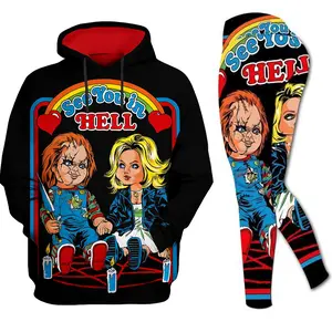 Scary Doll Inspired Hoodie and Leggings Set for Women, Halloween Workout Outfit, Horror Graphic Sleeveless Hoodie with Matching Athletic Pants