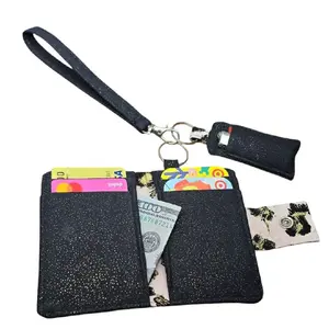 Keychain Wallet & Chapstick Holder with Wrist Strap - Bundle - Pink Cheetah with Black/Gold Shimmer Lining