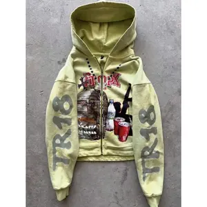American Street Vintage American Graffiti Men's And Women's Loose Casual Zipper Hooded Sweater Long Sleeve Cotton