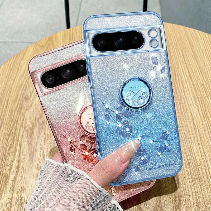 Compatible With Google Pixel 11 Pro XL Phone Case Compatible With Pixel 10A Transparent Electroplated Compatible With Google Pixel 9 Flower Rhinestone Protective Cover HNAI27
