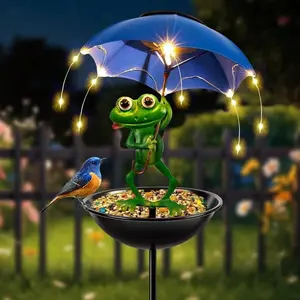 Solar Garden Decor Frog Bird Feeder with Crackle Glass Lights & Umbrella Weatherproof Hummingbird Feeder Pathway Lights Frog Statue Yard Decorations Gardening Gifts