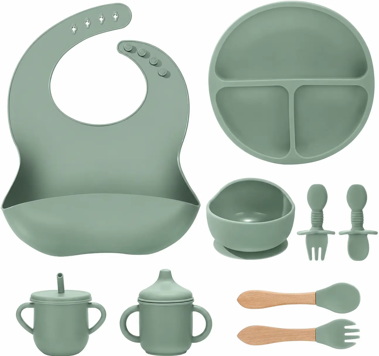 Silicone Baby Feeding Set 9 Pcs, Spill-Proof Suction Plate, Bowl, Bib, Silicone spoon&forks, Wooden Spoons&forks, Training cup with straw and Sippy Cup, Baby Eating Utensils