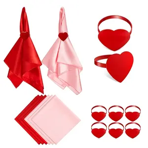 Set of 12:6 17-inch satin pink napkins with 6 heart napkin rings, reusable wedding utensils for Valentine's Day/Anniversary/Wedding/Birthday party decorations