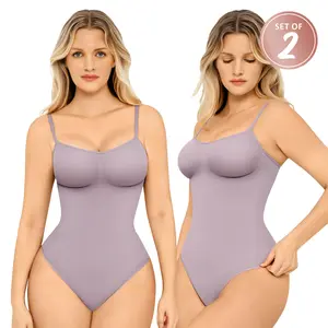 FeelinGirl  2-Piece   Seamless Covered Bust    Sleeveless Thong Bodysuit Fit Comfort Womenswear  set  Basic ONLY LIVE Tops Spaghetti Strap