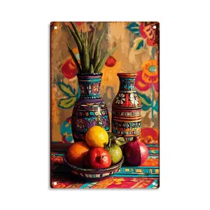 Bohemian Fruit Vase Mexican Pottery  Tin Sign， Vintage Mexican Pottery And Fruit Still Life Metal Sign Print Aesthetic Room Decoration for Home Bedroom Kitchen Bar Dorm Bathroom Wall Decor 8 X 12 Inch
