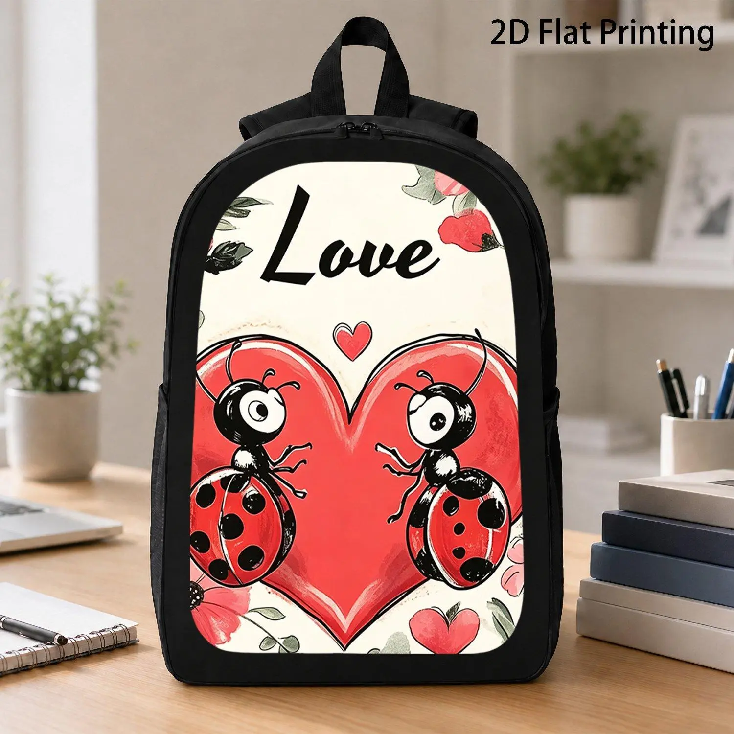 Whimsical Ladybug & Heart Design Backpack - Lightweight, Large Capacity 17" Laptop Bag with Tunable shoulder straps, Zip Closure - Ideal for Travel, School, Work - Floral Pattern,
