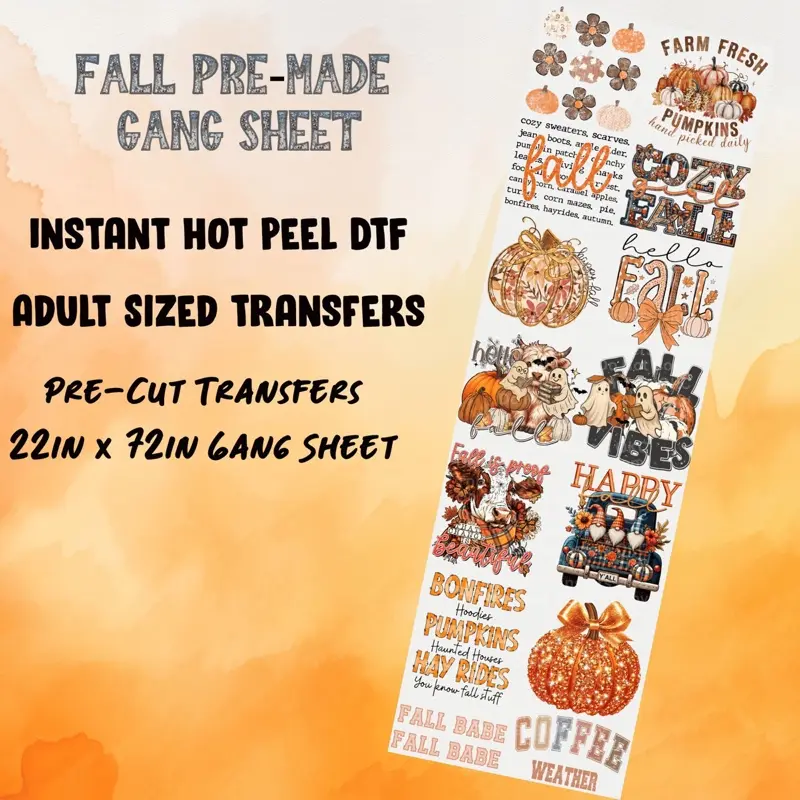 Fall Pre-Made DTF Gang Sheet 22x72 Inches | Vibrant Transfers for Graphic Tees | Customized Craft  | Direct To Film Transfers