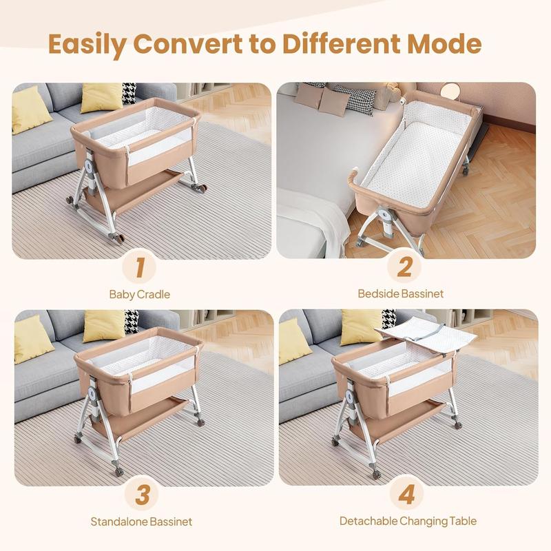 JOYMOR Baby Bassinet with Changing Table, Bedside Bassinet for Baby with Comfy Mattress and Wheels, 6 Height Adjustable Easy Folding Portable Bedside Crib for Newborn (Beige)
