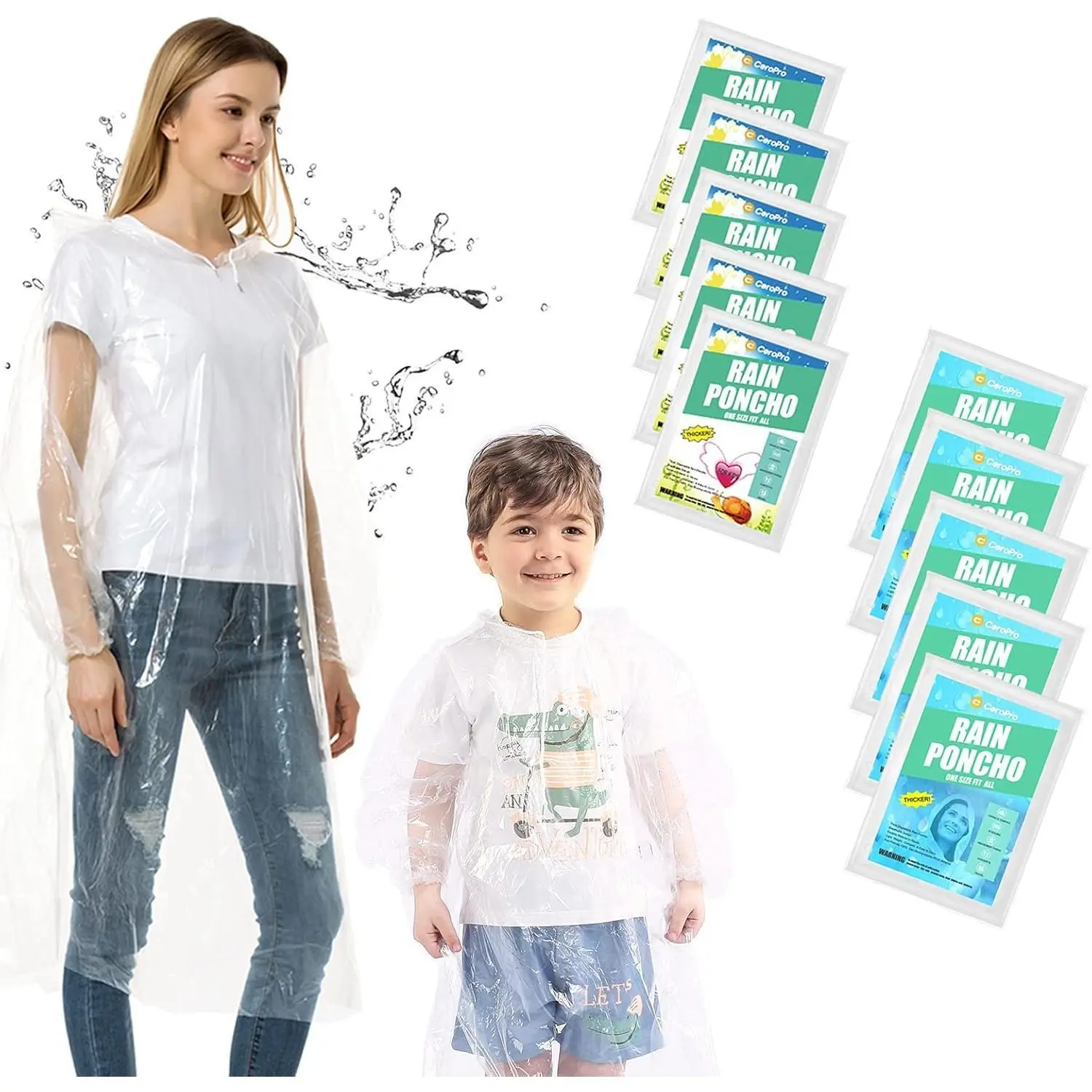 Disposable Rain Ponchos Family Pack Emergency Waterproof Clear with Hood 10 Pack (5 Adults & 5 Kids)