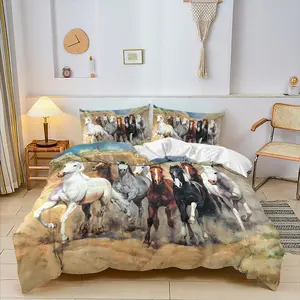 Galloping Horses on the Grassland Printed Duvet Cover Set, 2/3 Pcs,Includes 1 Count Duvet Cover & 1/2 Pillowcase without Filler,Creates a free-spirited atmosphere,Trendy and cute style,This makes a great bedding gift, Bed Sets
