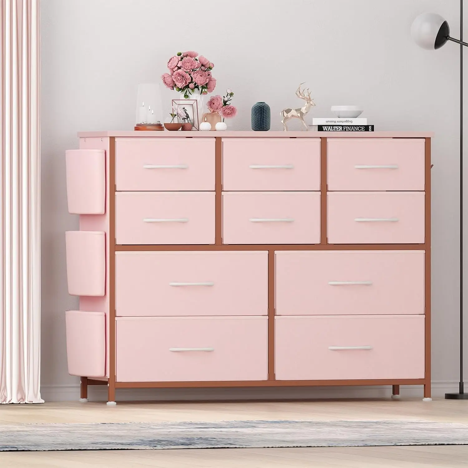 Modern 10-Collapsible-Drawer Fabric Drawer Dresser Cabinet, Wood Tabletop, Side Pockets, Hooks for Bedroom, Living Room (Pink), Collapsible Drawers