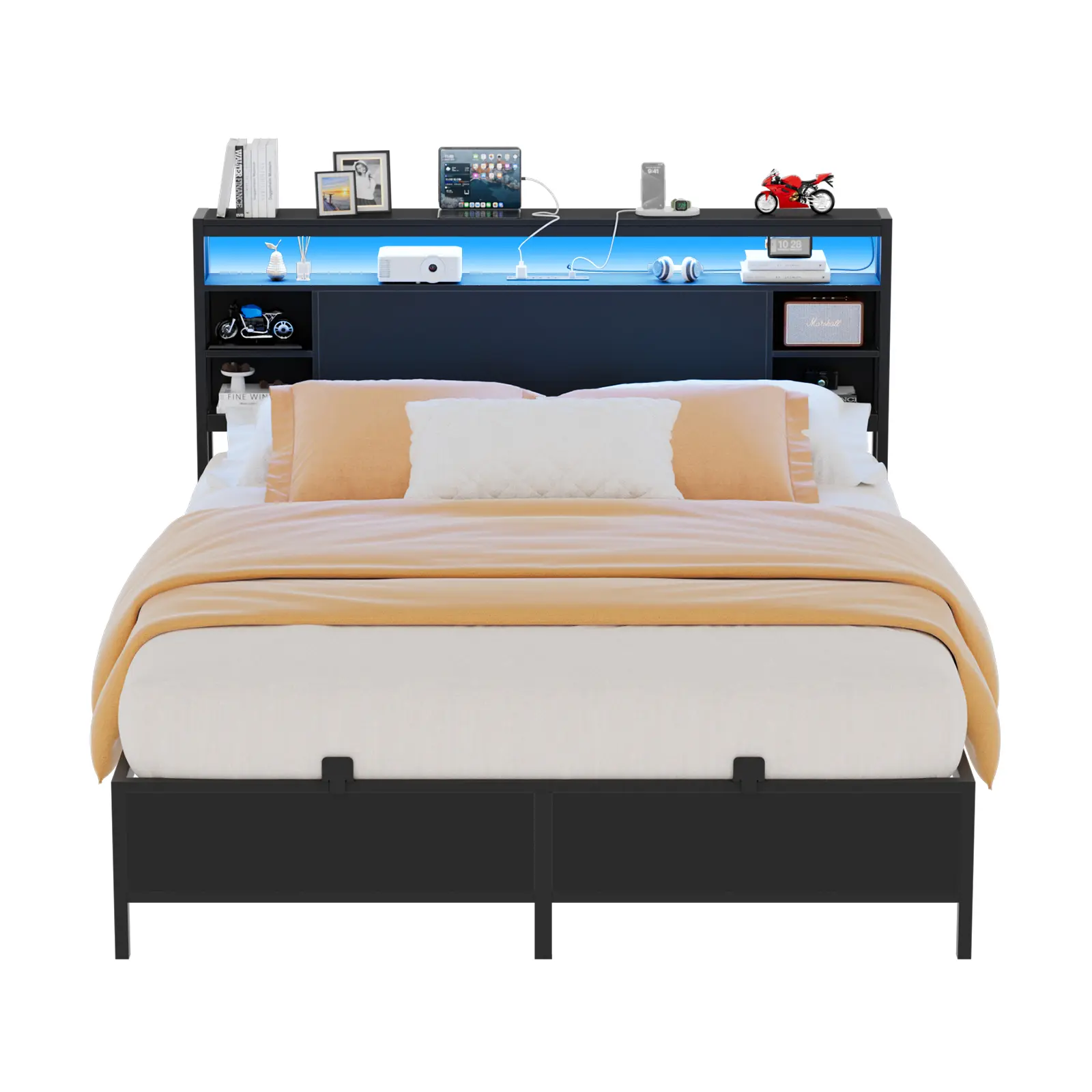 Unikito Twin Size Bed Frame with Charging Station and RGB LED Light, Sturdy Platform Bed with Storage Headboard, Solid Metal Slats, Noise Free, No Box Spring Needed, Easy Assembly