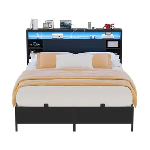 Unikito Twin Size Bed Frame with Charging Station and RGB LED Light, Sturdy Platform Bed with Storage Headboard, Solid Metal Slats, Noise Free, No Box Spring Needed, Easy Assembly
