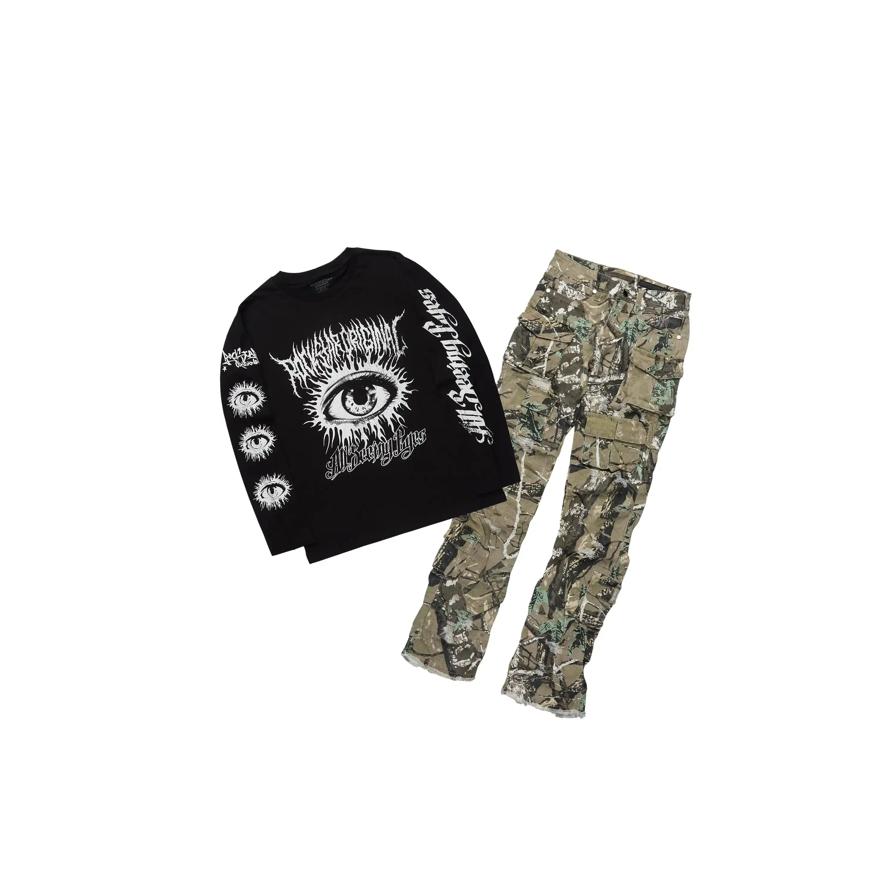 Boys Amos Black Long Sleeve T-Shirt & Gentry Camo Stacked Jean Set