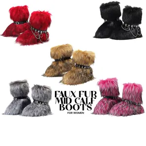 CELNEPHO Faux Fur Mid Calf Fluffy Furry Boots Fashion Belt Buckle Warm Cozy Snow Boots Metal Chain Round Toe Plush Boot Flat Heel Party Outdoor Dress Shoes