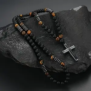 2Pcs Cross Necklace and Bracelet Jewelry Set - Black Volcano Stone and Yellow Tiger Eye Stone Bead Necklace with Cross Religious Pendant, Yellow Tiger Eye Stone Bead Bracelet, Ideal Gift for Men, Women, and Best Friends, Lovers