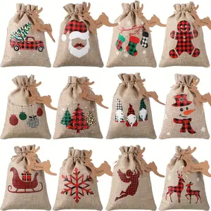 24pcs Christmas Burlap-Style Treat Bags – 12 Festive Designs (Santa, Reindeer, Snowflakes) | 5.5x4 Inch Drawstring Gift Bags for Holiday Parties, Xmas Favors, New Year Goodie Bags, Rustic Burlap Look