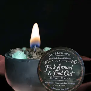 Glitter & Goth Creations F*ck Around & Find Out Hand-Poured Ritual Candle Untamed Coven Sweet Cedarwood Pine Patchouli Power Instinct Freedom Decor Light