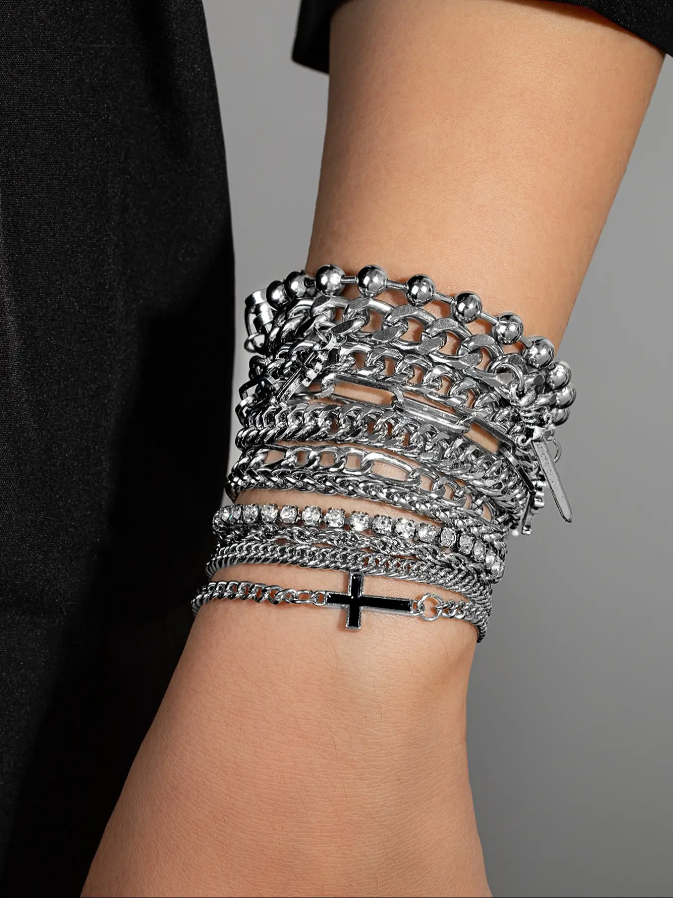 Punk Metal Chain Design Cross Bracelet Set, Multi-Layer Beaded Fringe Unisex Punk Style Jewelry, 11 Pieces Fashion Accessory Bracelet Stack, Stacked Design Bracelets