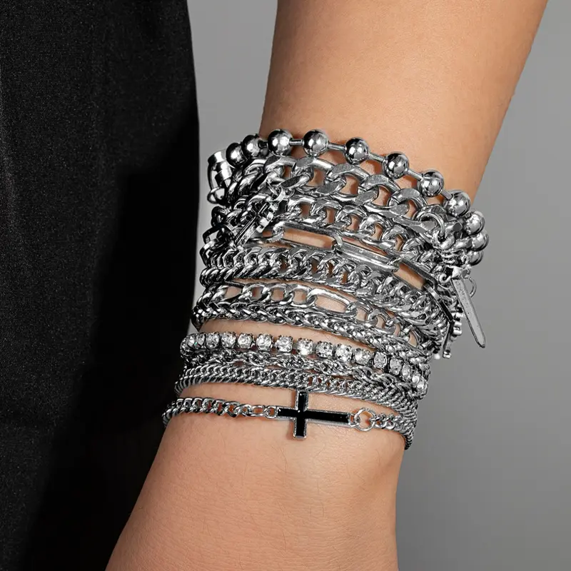 Metal Chain Design Cross Bracelet Set, Multi-Layer Beaded Fashion Accessory, Unisex Punk Style Jewelry, 11 Pieces Bracelet Stacks, Stacked Design Bracelets, Layered Bracelet Set