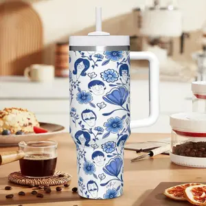 1pc 40oz Stainless Steel Insulated Tumbler with Handle & Straw, Bob's Burgers Blue Floral Portable Travel Mug, Large-capacity car-mounted water bottle, Leakproof Cup for Outdoor Camping & Cartoon Fans, Father'S Day, Mother'S Day, Thermos Cup