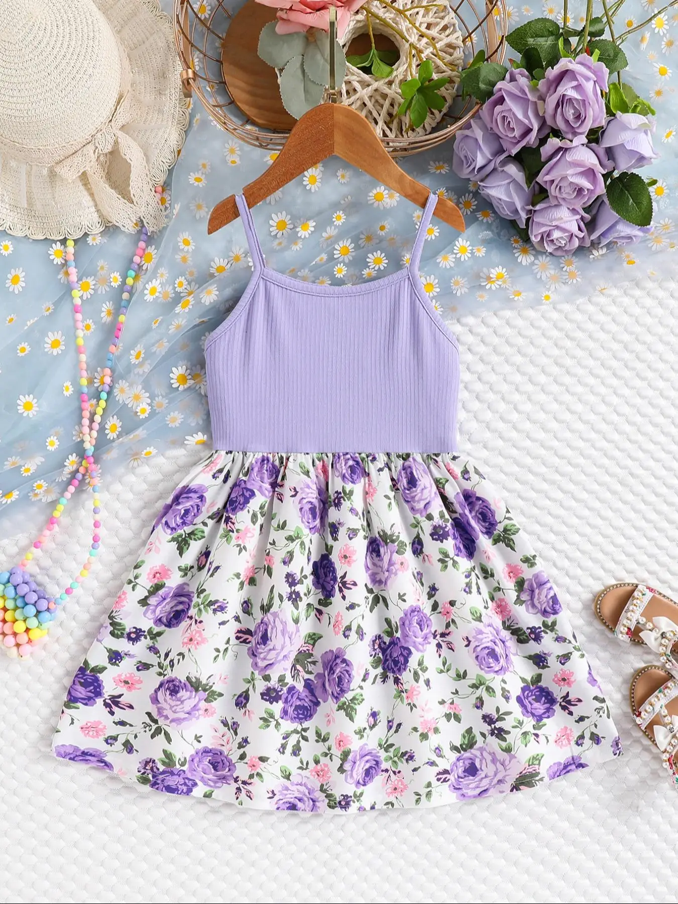 Toddler Girl's Ditsy Floral Print Crop Tank Top Cami Dress, Casual Sleeveless Spaghetti Strap Dress for Summer, Kids Clothes for Daily Wear