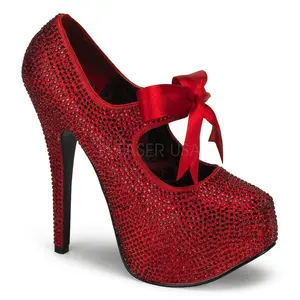 Women's Elegant Stylish Fashion 5-in Heeled Footwear, TEEZE-04R Red Rhinestones, Satin Ribbon Accents