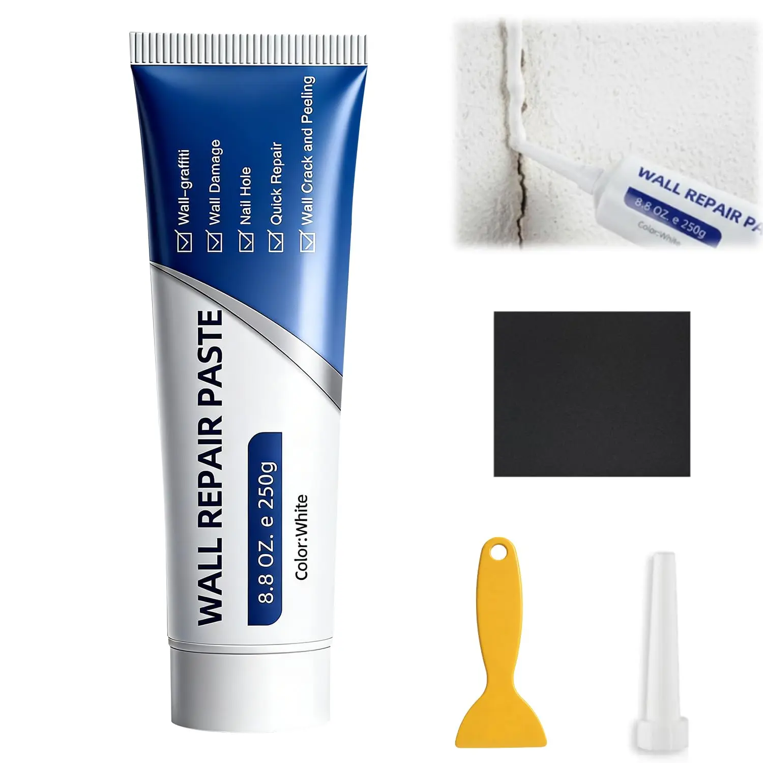 Wall Repair Paste Roller Spackle Cream Quick Dry Wall Patch Kit White Latex Paint Ointment for Cracks Nail Holes Damage Graffiti Peel Drywall Patch Compound (8.8oz/250g)