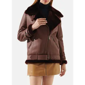 Womens Maroon Oversized Shearling Leather Jacket