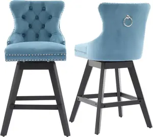 Counter Height Swivel Bar Stools Set of 2, Velvet Upholstered Counter Bar Stools with Back, Bar Chairs with Solid Wood Legs for Kitchen Island Pub (Light Blue)